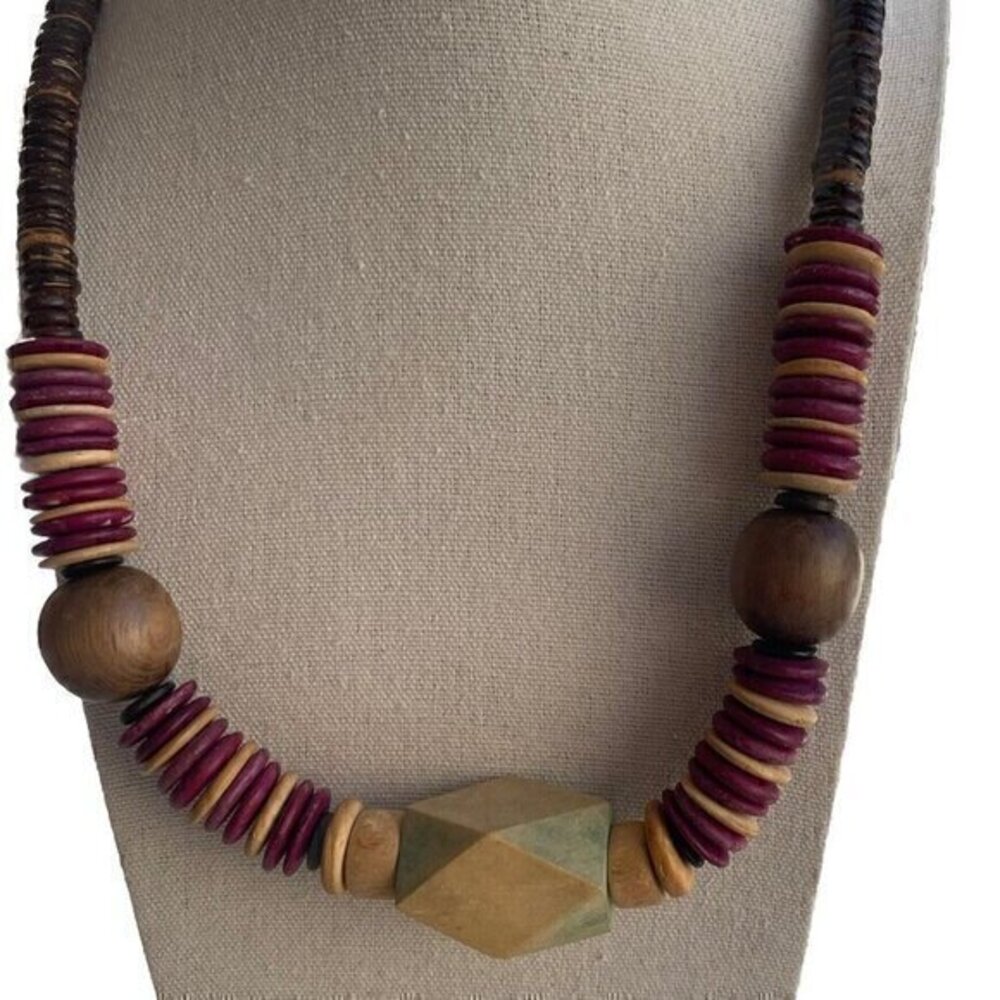 Vintage Chunky Wood Bead Disc Necklace Multiple Shapes Multicolor Western Boho